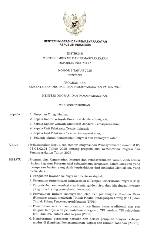 Instruksi Menteri Imigrasi dan Pemasyarakatan Nomor 1 Tahun 2025 tentang Program Aksi Kementerian Imigrasi dan Pemasyarakatan Tahun 2026